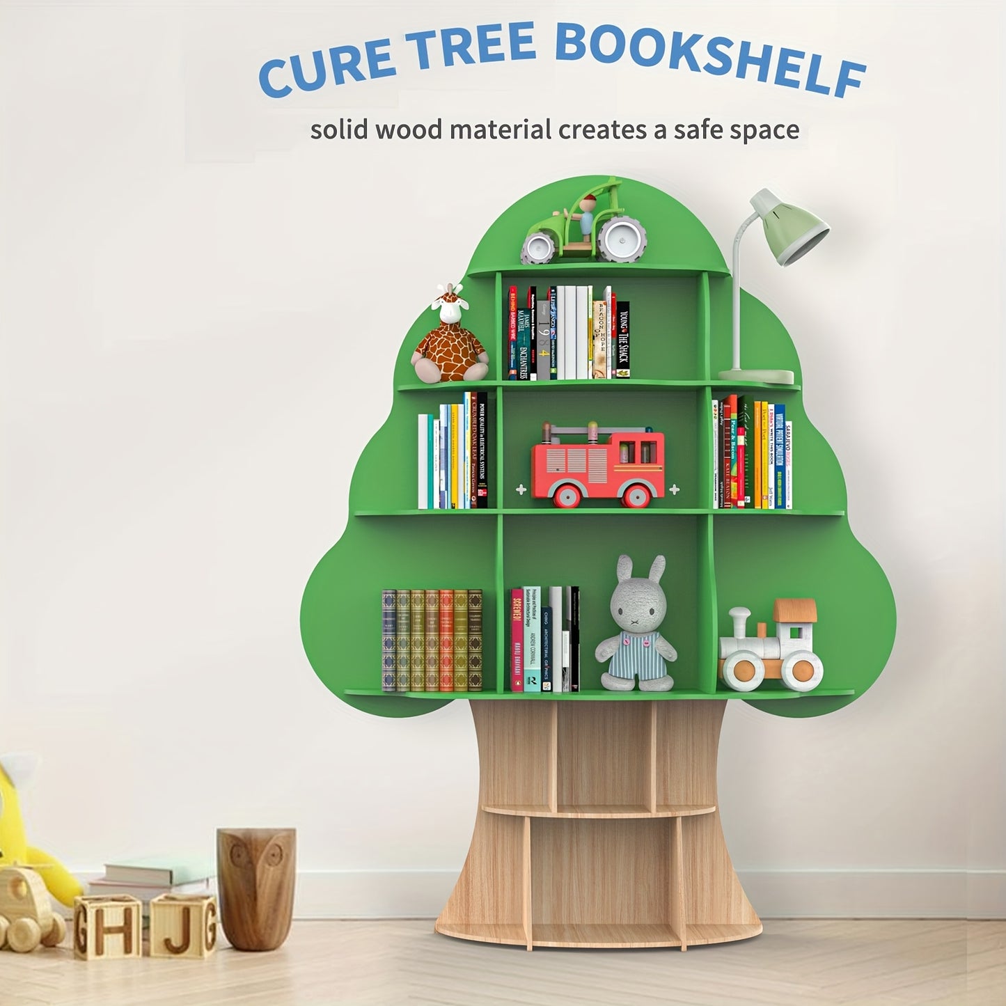 Tree Bookshelf, Wood Bookcase, 16-Cubby Storage Organizer Book Shelf for Bedroom, Living Room, Classroom, Boy Girl's Gift (Green Tree)