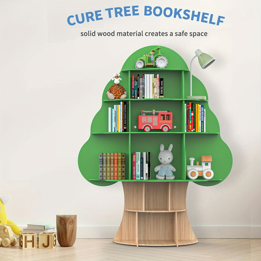 Tree Bookshelf, Wood Bookcase, 16-Cubby Storage Organizer Book Shelf for Bedroom, Living Room, Classroom, Boy Girl's Gift (Green Tree)
