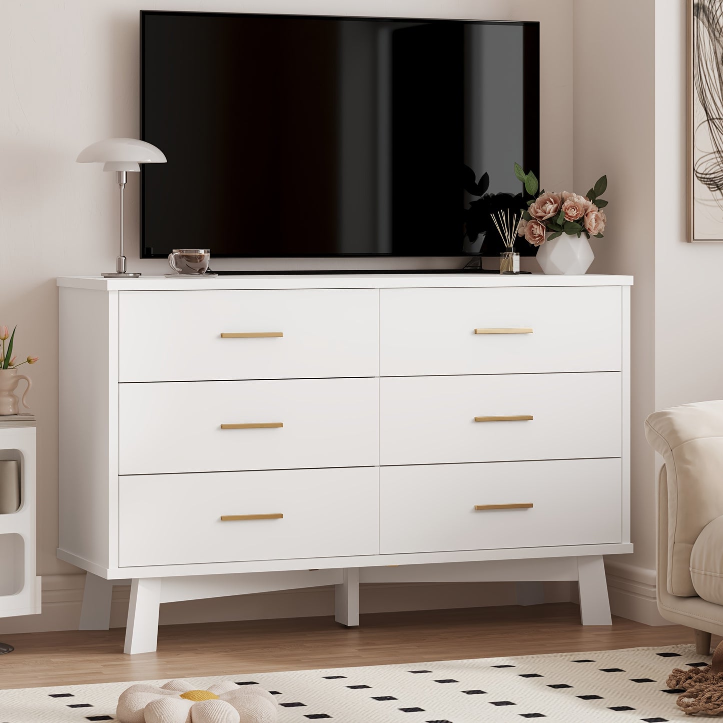Wood Double Dresser 6 Drawer Double Dresser - Wood Chest of Drawers for Bedroom, Living Room, Hallway - TV Stand Storage Cabinet
