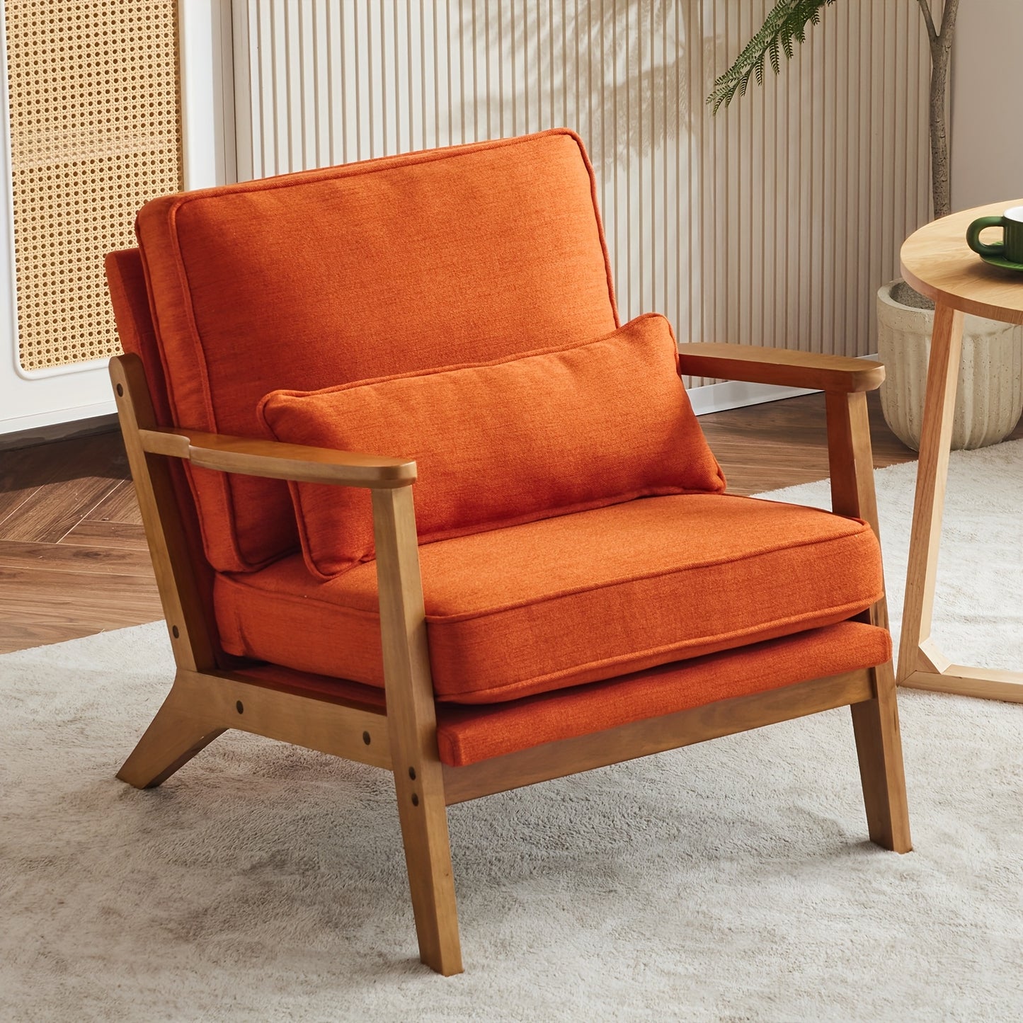 Wide Armrest Armchair Mid-CenturyLounge Chair Accent Chair with Lumbar Pillow & Solid WoodFrame for Living Room, Bedroom, Balcony