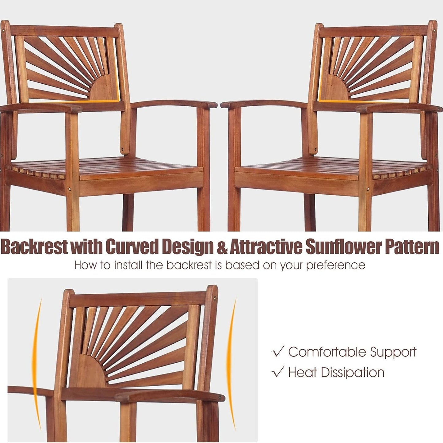 Costway Bar Stools Set of 2\u002FSet of 4, Outdoor Acacia Wood Bar Chairs with Sunflower Backrest, Curved Armrests & Breathable Seat, Ideal for Balcony, Sunroom,