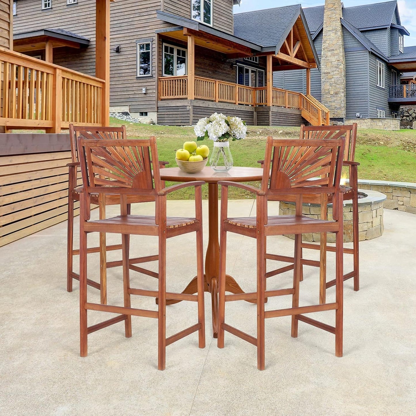 Costway Bar Stools Set of 2\u002FSet of 4, Outdoor Acacia Wood Bar Chairs with Sunflower Backrest, Curved Armrests & Breathable Seat, Ideal for Balcony, Sunroom,