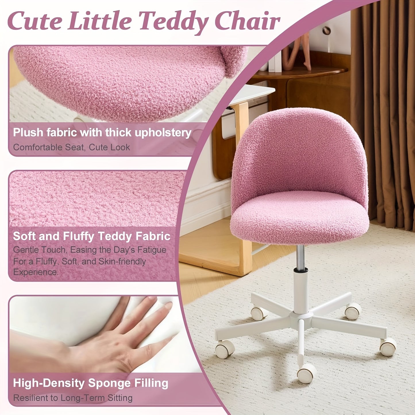 Comfy LEADZM Teddy Adjustable Rolling Swivel Candy Chair - Armless Desk Chair with Lumbar Support and Wheels - Gentle Pink Vanity Chair for Home Office, Bedroom