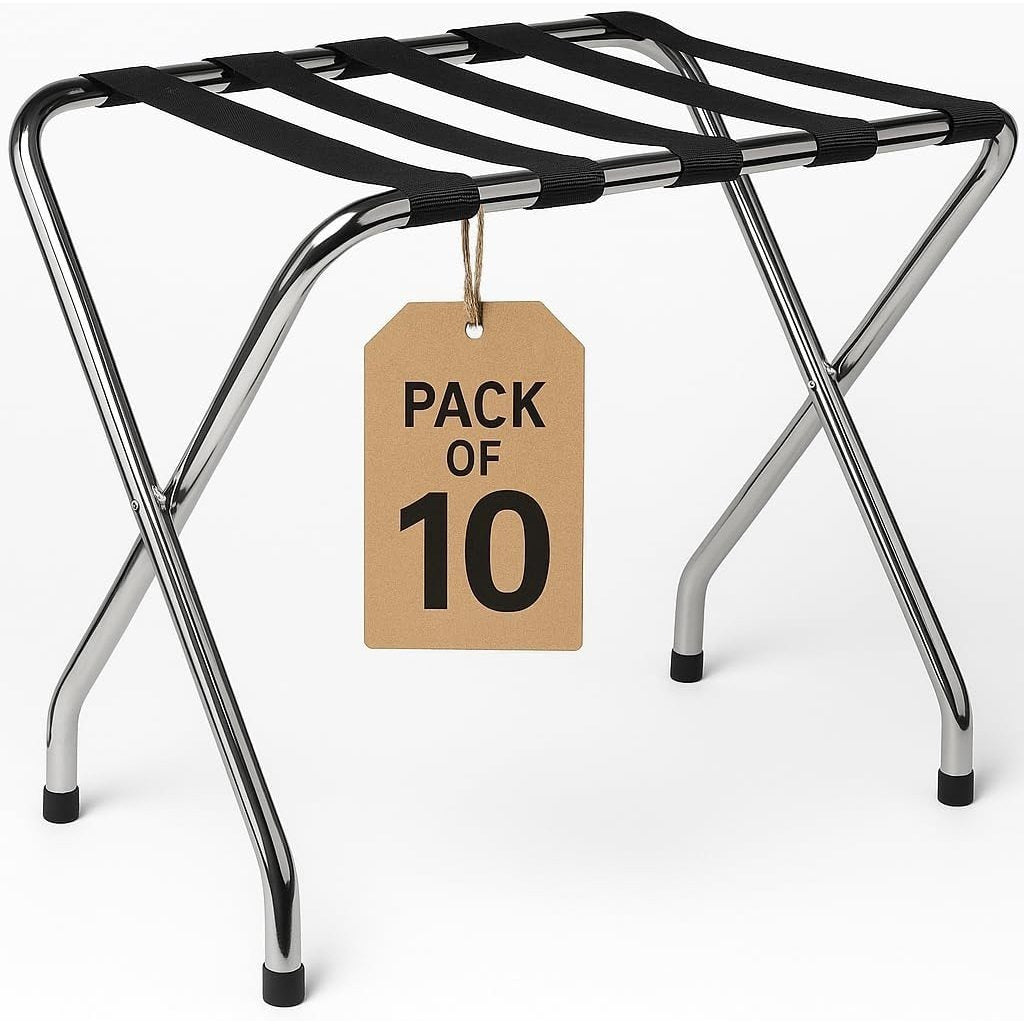 Folding Luggage Rack, Single Tier Metal Stand with Nylon Straps, Chrome Finish with Rubber Feet, Pack of 10