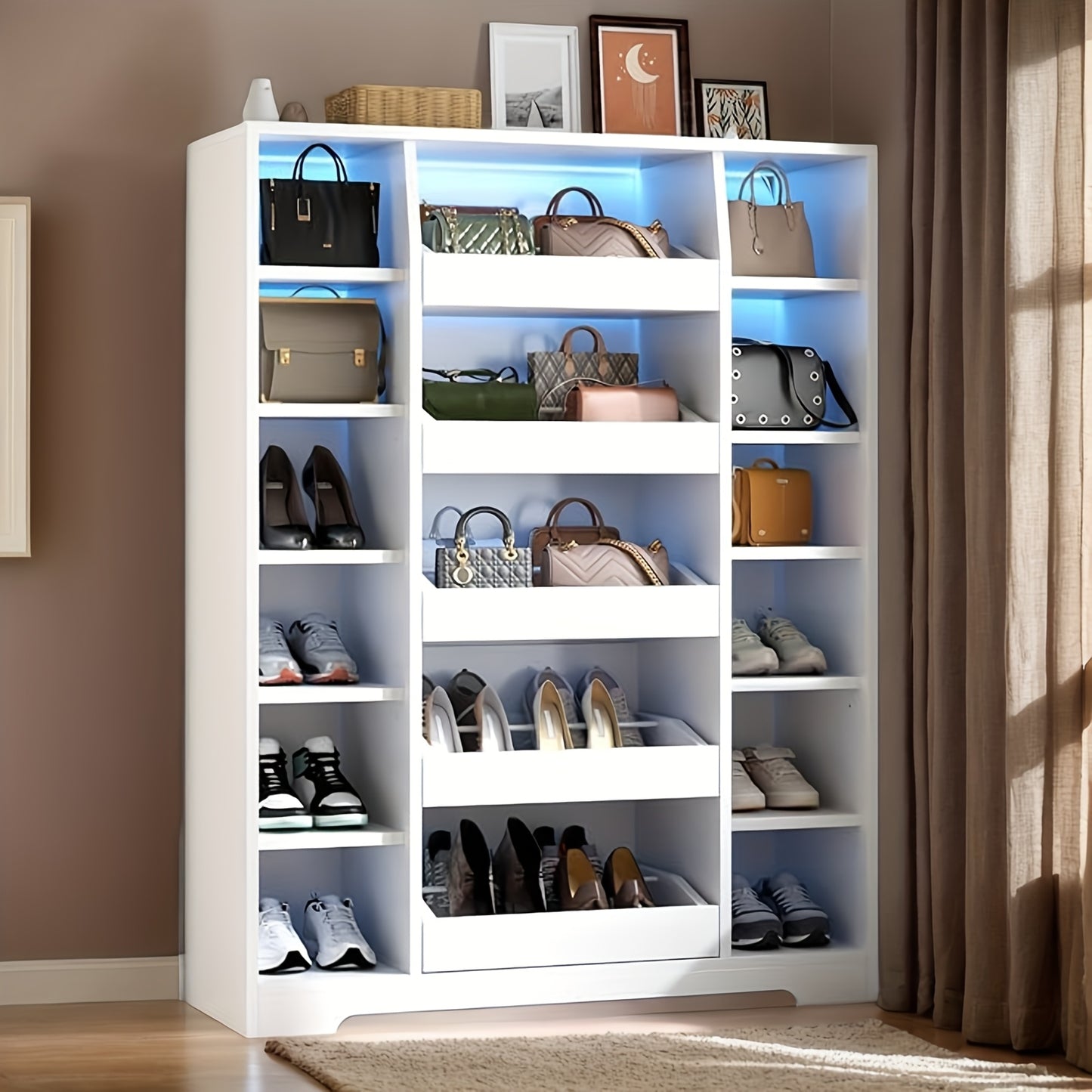 Shoe Storage Cabinet With 5 Drawers & 12 Shelves, Modern LED Shoe Rack & Handbag Storage Cabinet, Space-Saving, Freestanding Shoes And Handbag Storage