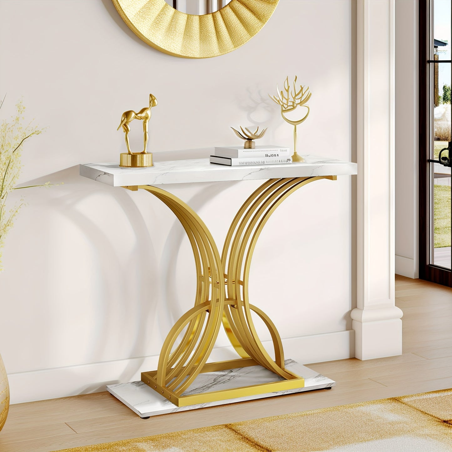 Roadrix Luxurious Golden Console Table, 40-Inch Modern Entryway Narrow Sofa Table, Faux Marble White\u002FBlack Top,