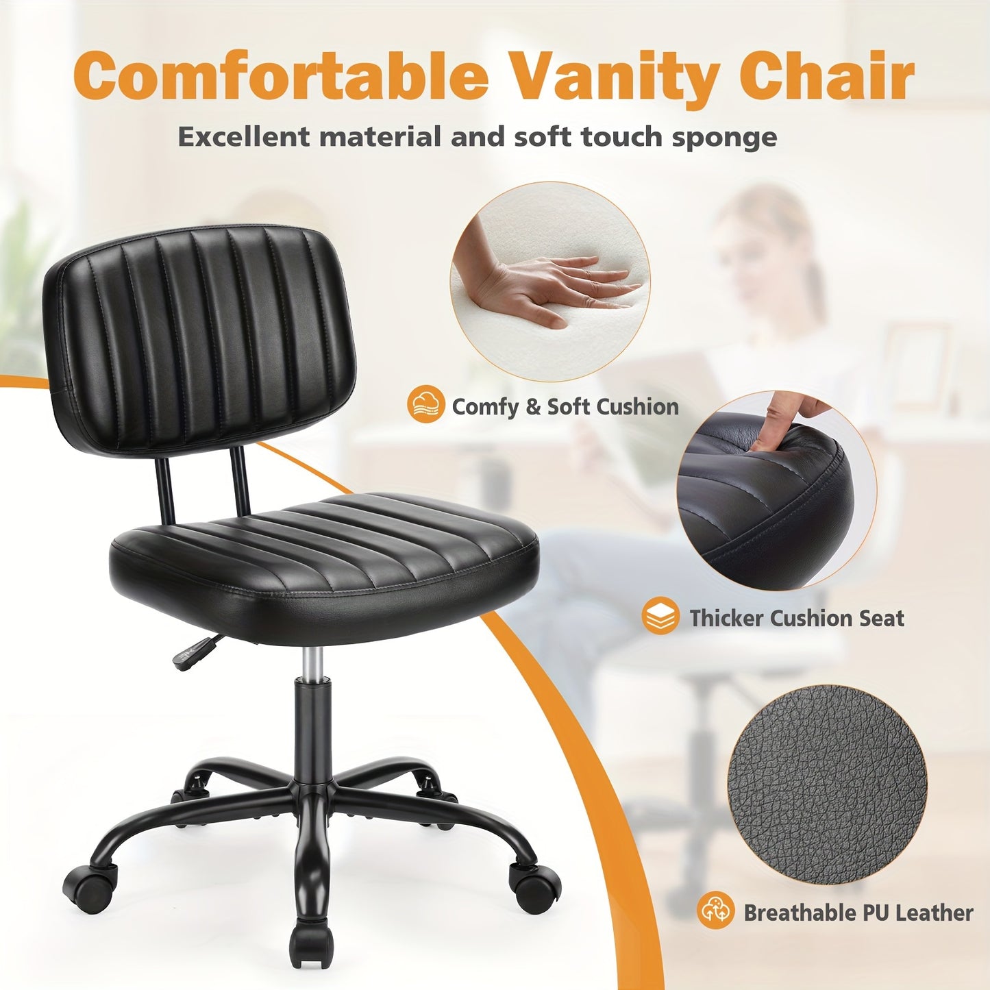 Everyday Comfort Ergonomic Office Chair with Lumbar Support, Adjustable Height, and Wheels – Comfy Armless Swivel Task Chair for Home or Office Study, Black