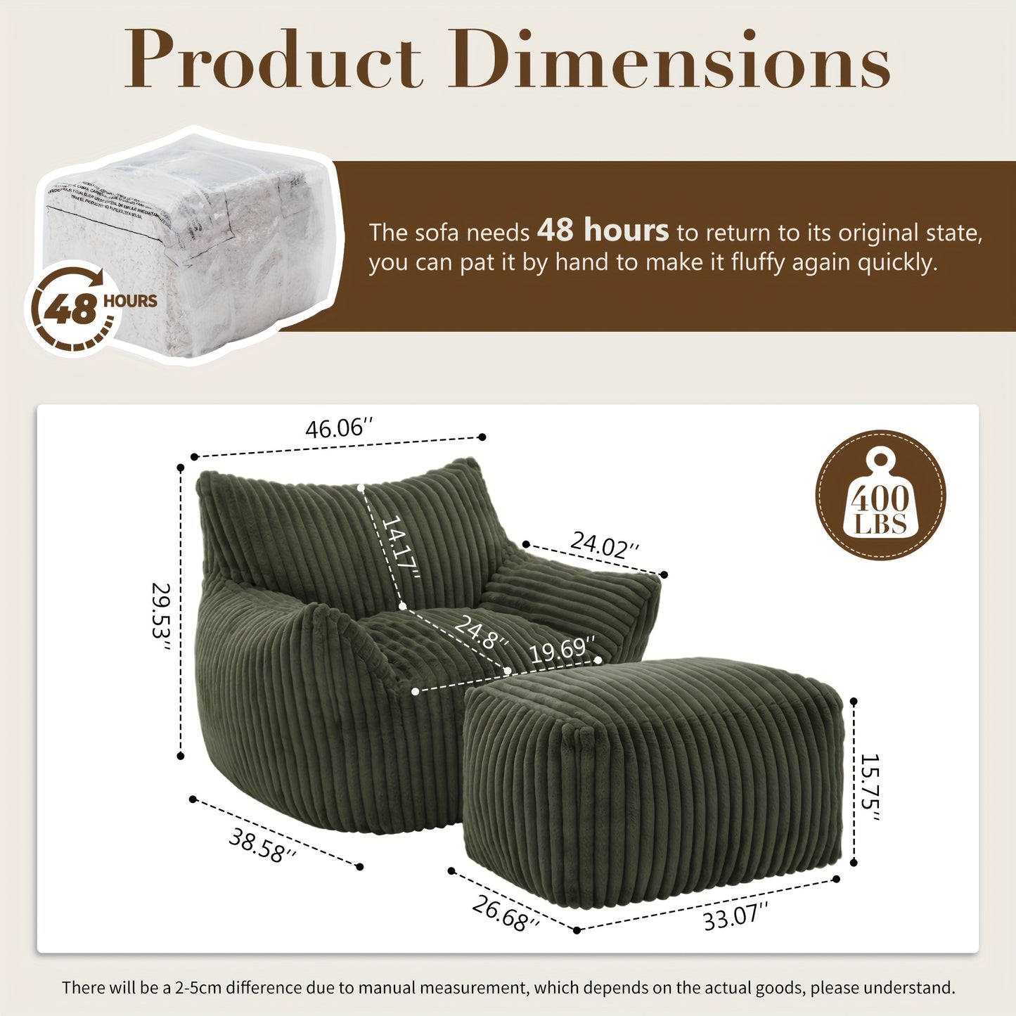 Living&Giving Oversize Bean Bag Chair, Modern Comfy Corduroy Fabric Fireside Chair Lazy Floor Sofa Armless Lounge Chair,