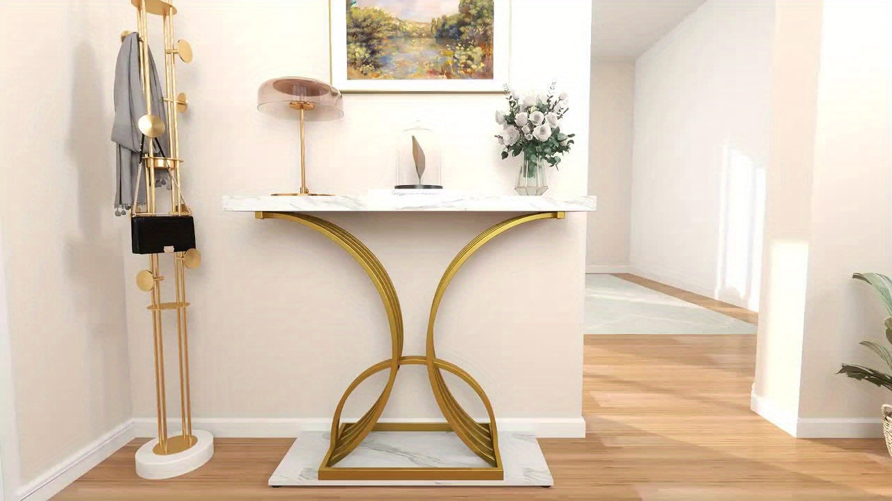 Roadrix Luxurious Golden Console Table, 40-Inch Modern Entryway Narrow Sofa Table, Faux Marble White\u002FBlack Top,