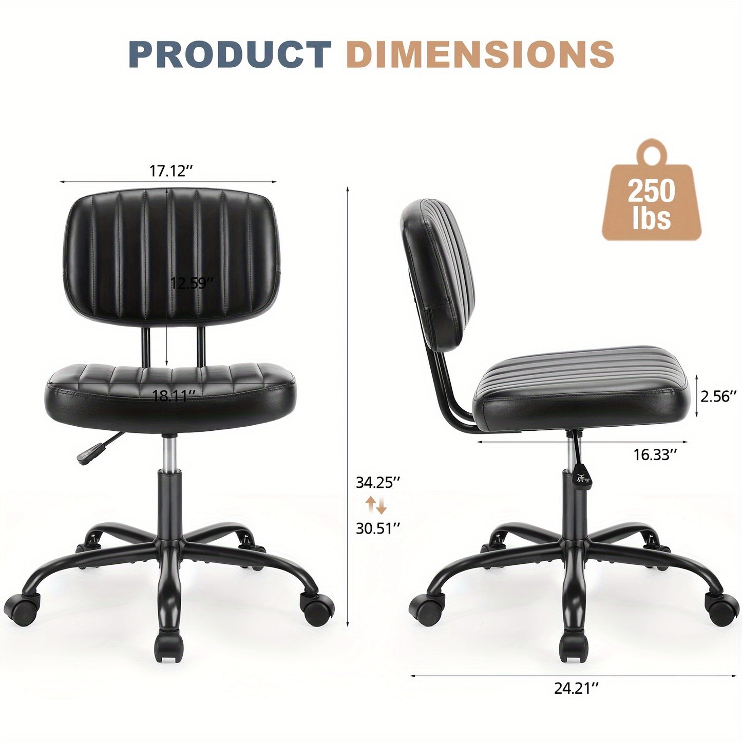 Everyday Comfort Ergonomic Office Chair with Lumbar Support, Adjustable Height, and Wheels – Comfy Armless Swivel Task Chair for Home or Office Study, Black