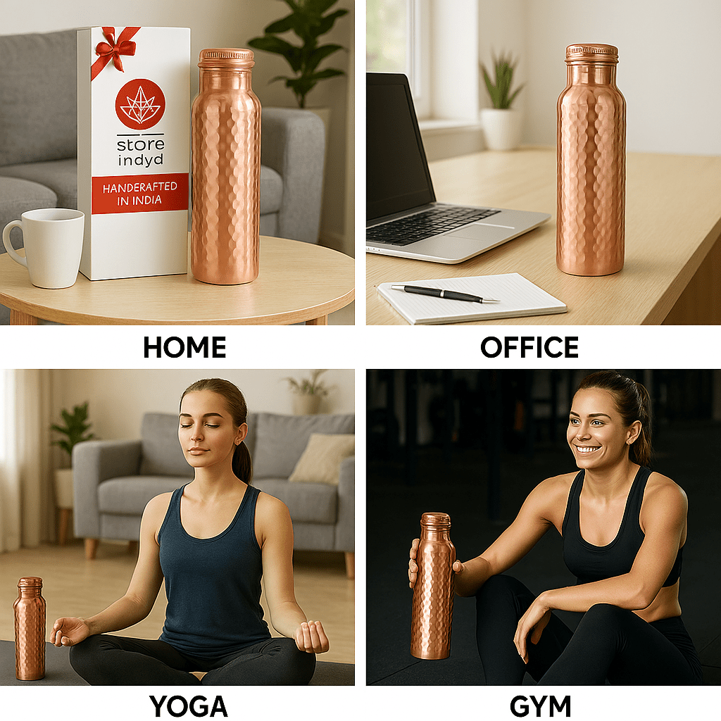 STORE INDYA Copper Water Bottle, 30 Oz, Hammered Ayurvedic Drinking Vessel with Leak-Proof Lid, Smooth Finish, Durable Stylish Design,