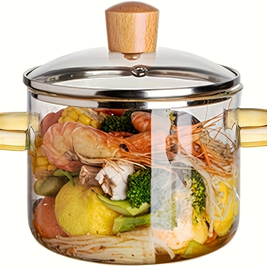 Heat-resistant Glass Cookware Heat-resistant 54oz Borosilicate Glass Cookware with Yellow Handles | Transparent Soup Porridge Pot Suitable for Stovetop and Oven