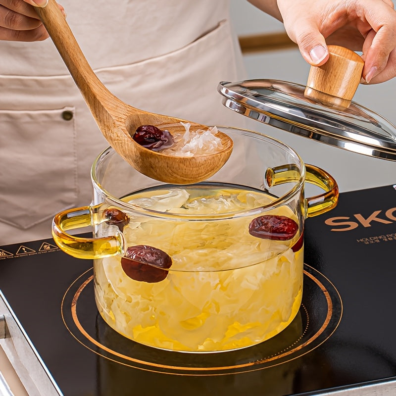 Heat-resistant Glass Cookware Heat-resistant 54oz Borosilicate Glass Cookware with Yellow Handles | Transparent Soup Porridge Pot Suitable for Stovetop and Oven