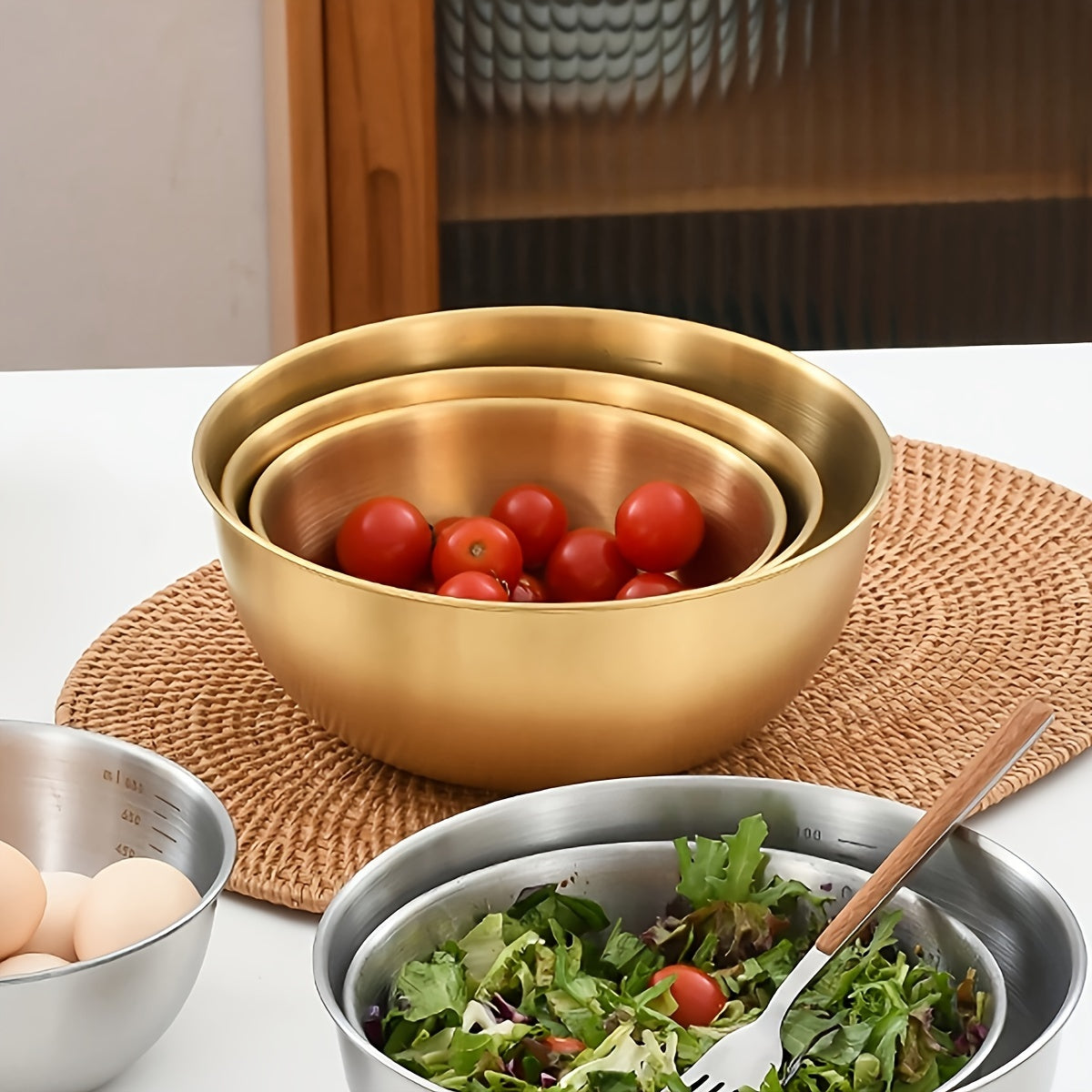 3pcs Stainless Steel Salad Bowls Set, Oven Safe, Durable Kitchen Mixing Bowls with Measurement Marks