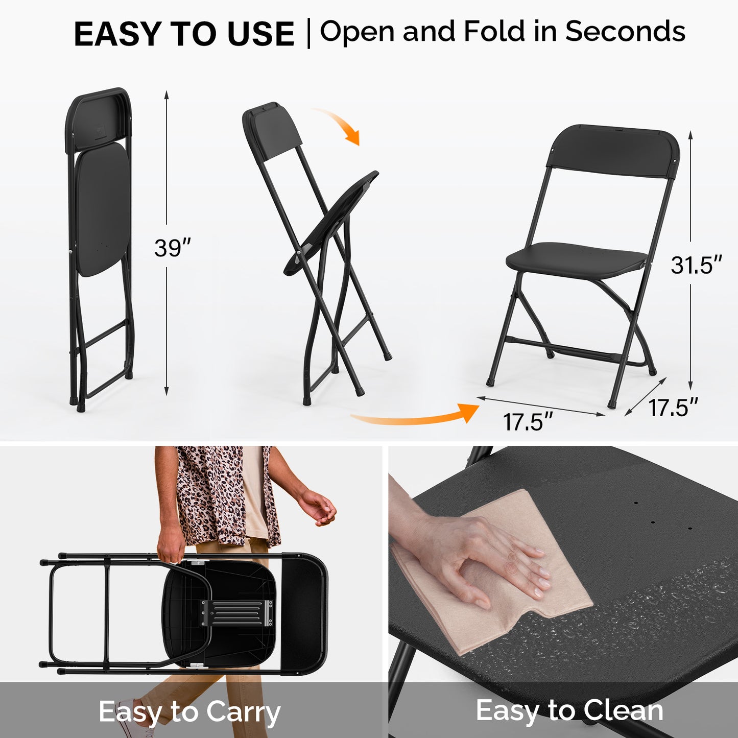 Plastic Folding Chair Indoor Outdoor Portable Stackable Commercial Seat with Steel Frame 350lb Capacity for Events Office Wedding Party Picnic Kitchen Dining