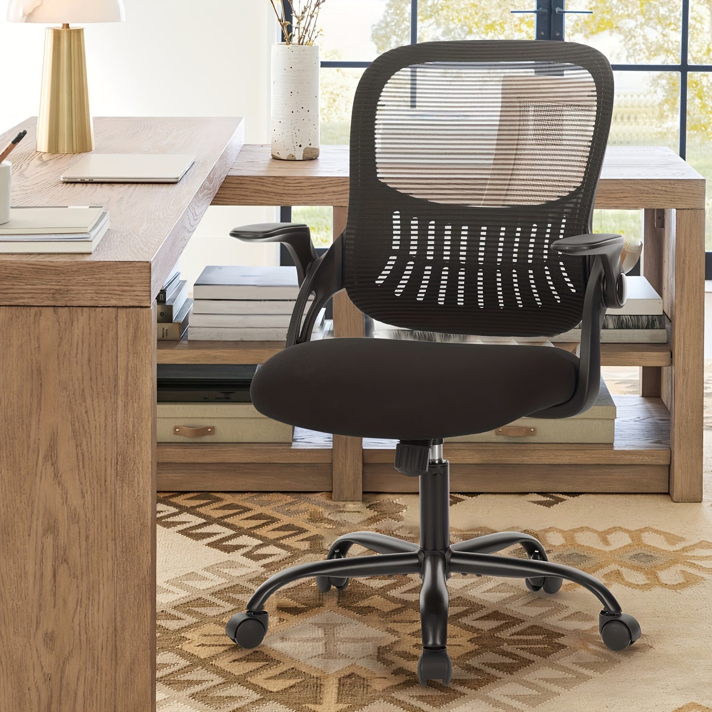 Office Computer Desk Chair, Ergonomic Mid-Back Mesh Rolling Work Swivel Task Chairs with Comfortable Lumbar Support, Wheels, Comfy Flip-up Arms for Home,