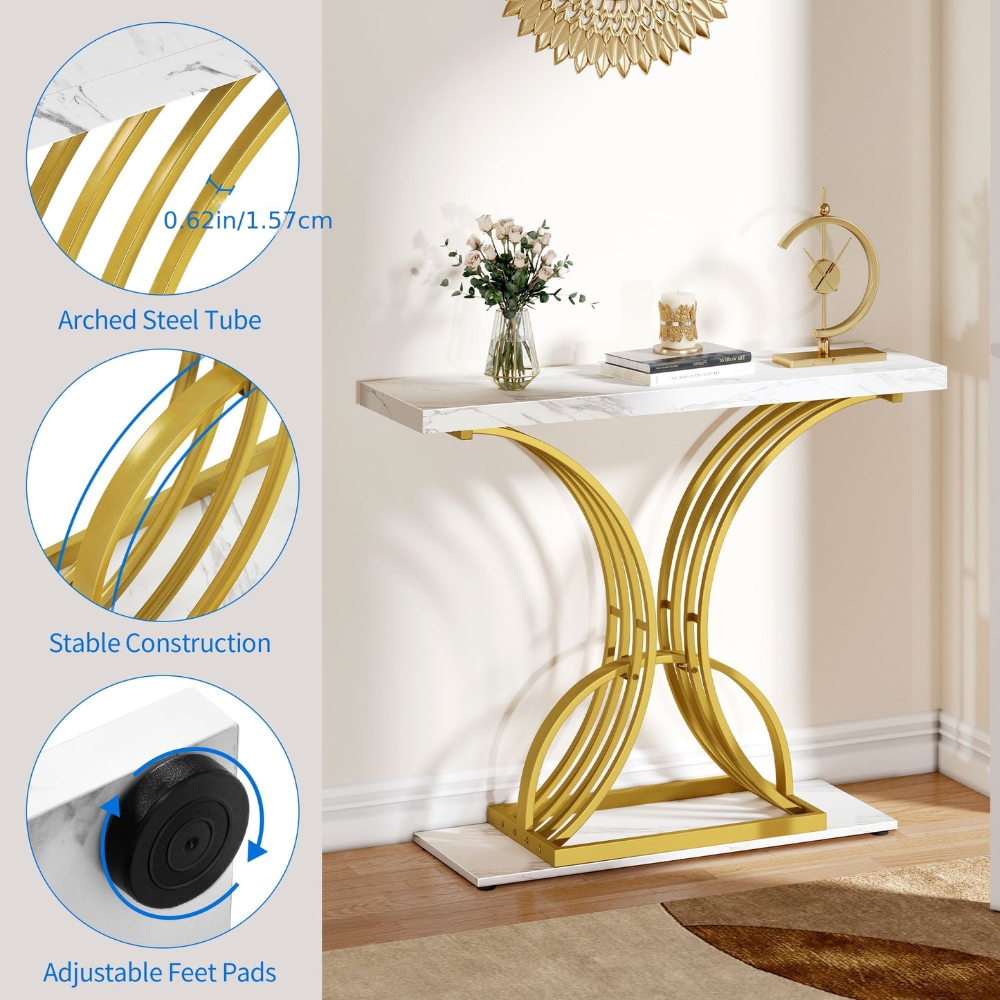 Roadrix Luxurious Golden Console Table, 40-Inch Modern Entryway Narrow Sofa Table, Faux Marble White\u002FBlack Top,