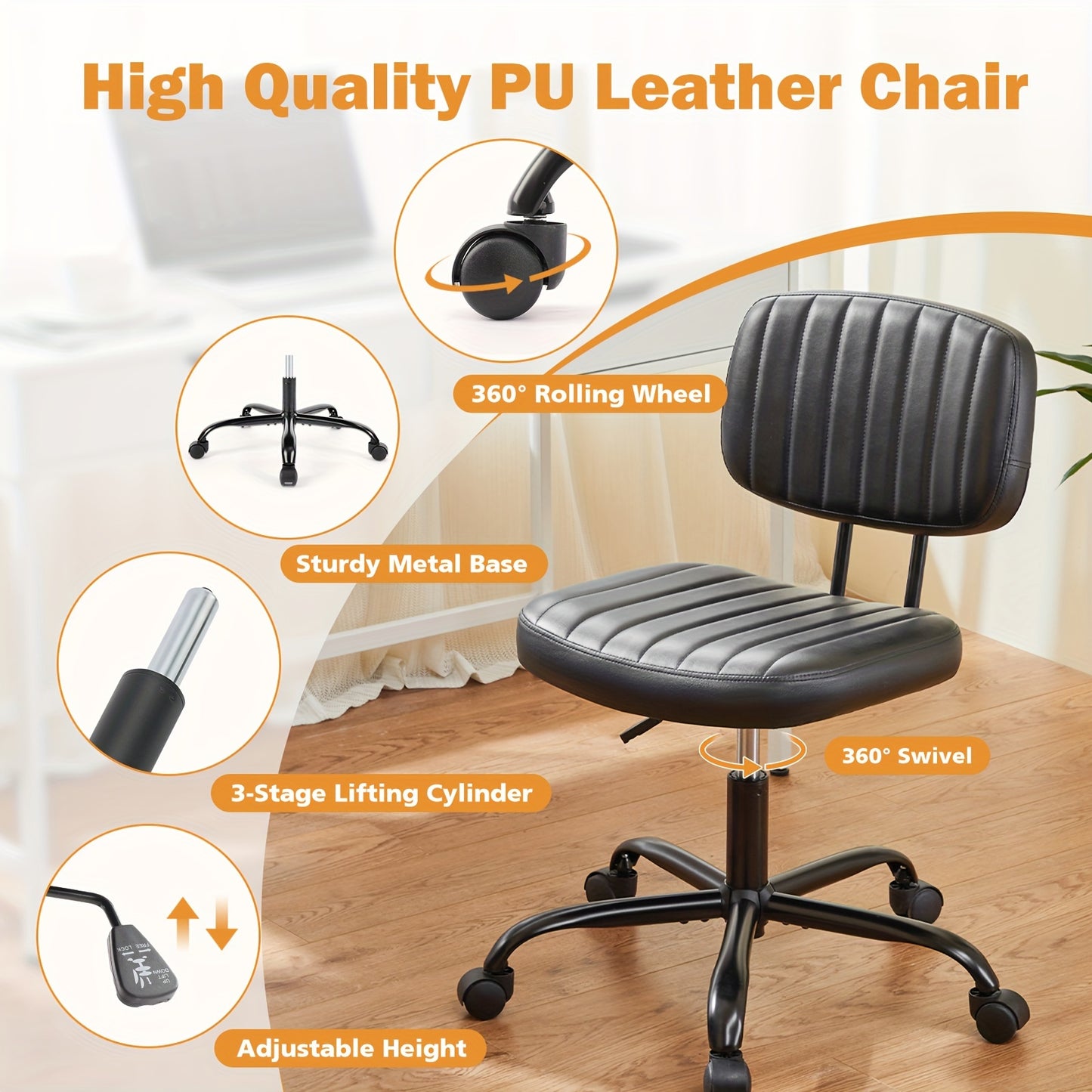 Everyday Comfort Ergonomic Office Chair with Lumbar Support, Adjustable Height, and Wheels – Comfy Armless Swivel Task Chair for Home or Office Study, Black