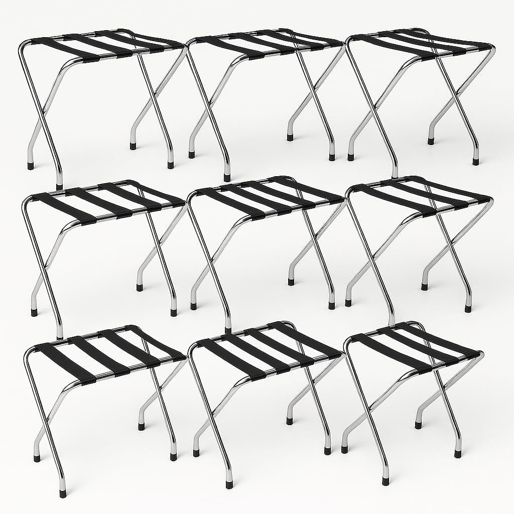 Folding Luggage Rack, Single Tier Metal Stand with Nylon Straps, Chrome Finish with Rubber Feet, Pack of 10