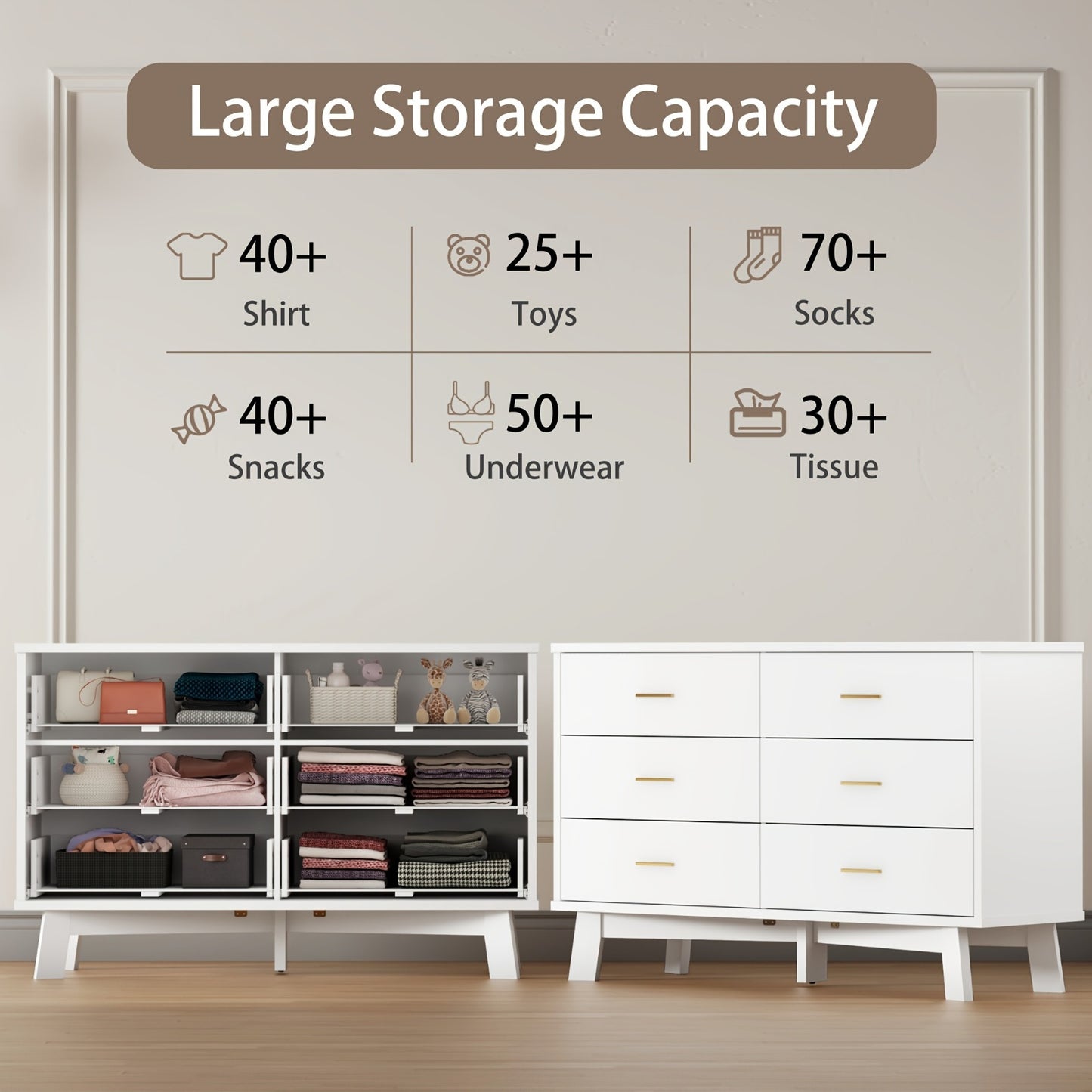 Wood Double Dresser 6 Drawer Double Dresser - Wood Chest of Drawers for Bedroom, Living Room, Hallway - TV Stand Storage Cabinet