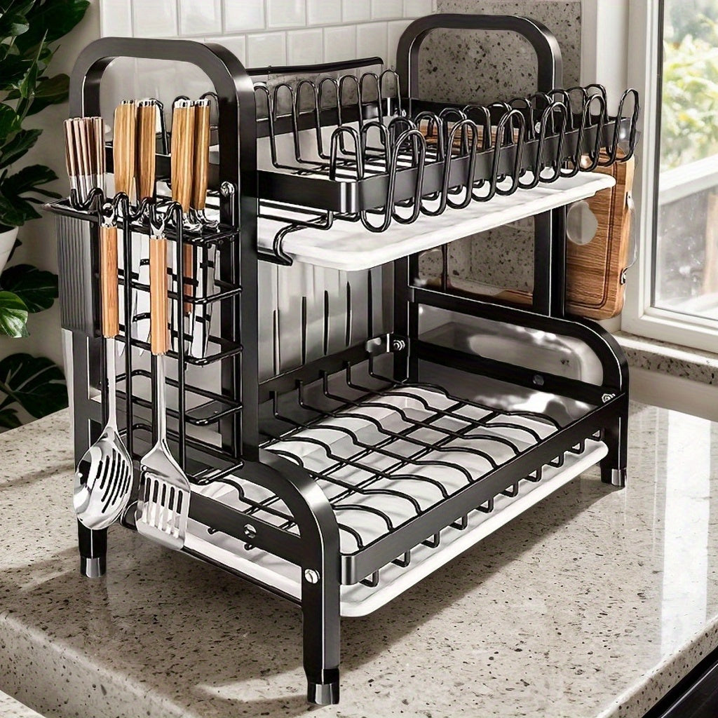Space-Saving Dish Rack 2-Tier Stainless Steel Kitchen Dish Rack | Space-Saving Countertop Storage for Plates, Bowls, Cutlery & Utensils, Includes 2 Plates,