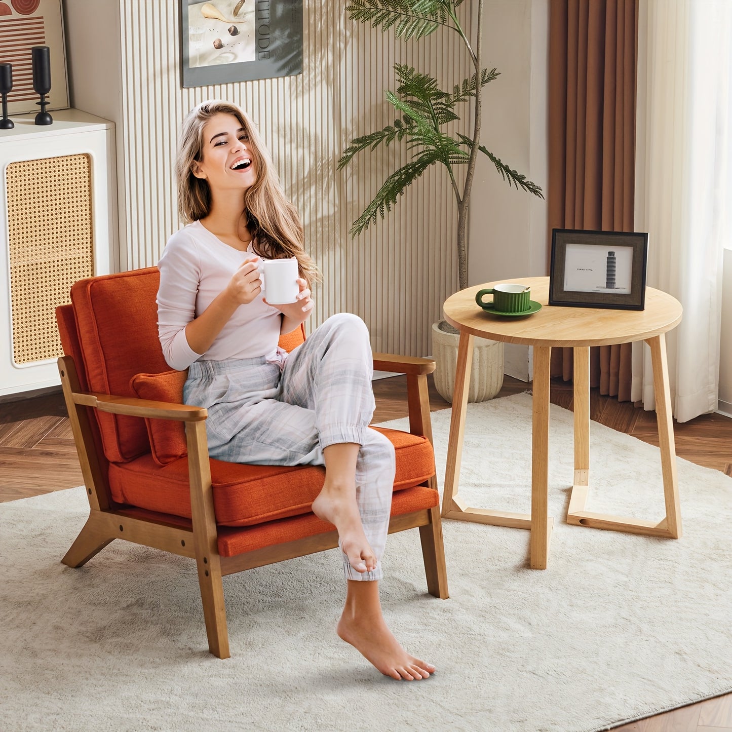Wide Armrest Armchair Mid-CenturyLounge Chair Accent Chair with Lumbar Pillow & Solid WoodFrame for Living Room, Bedroom, Balcony