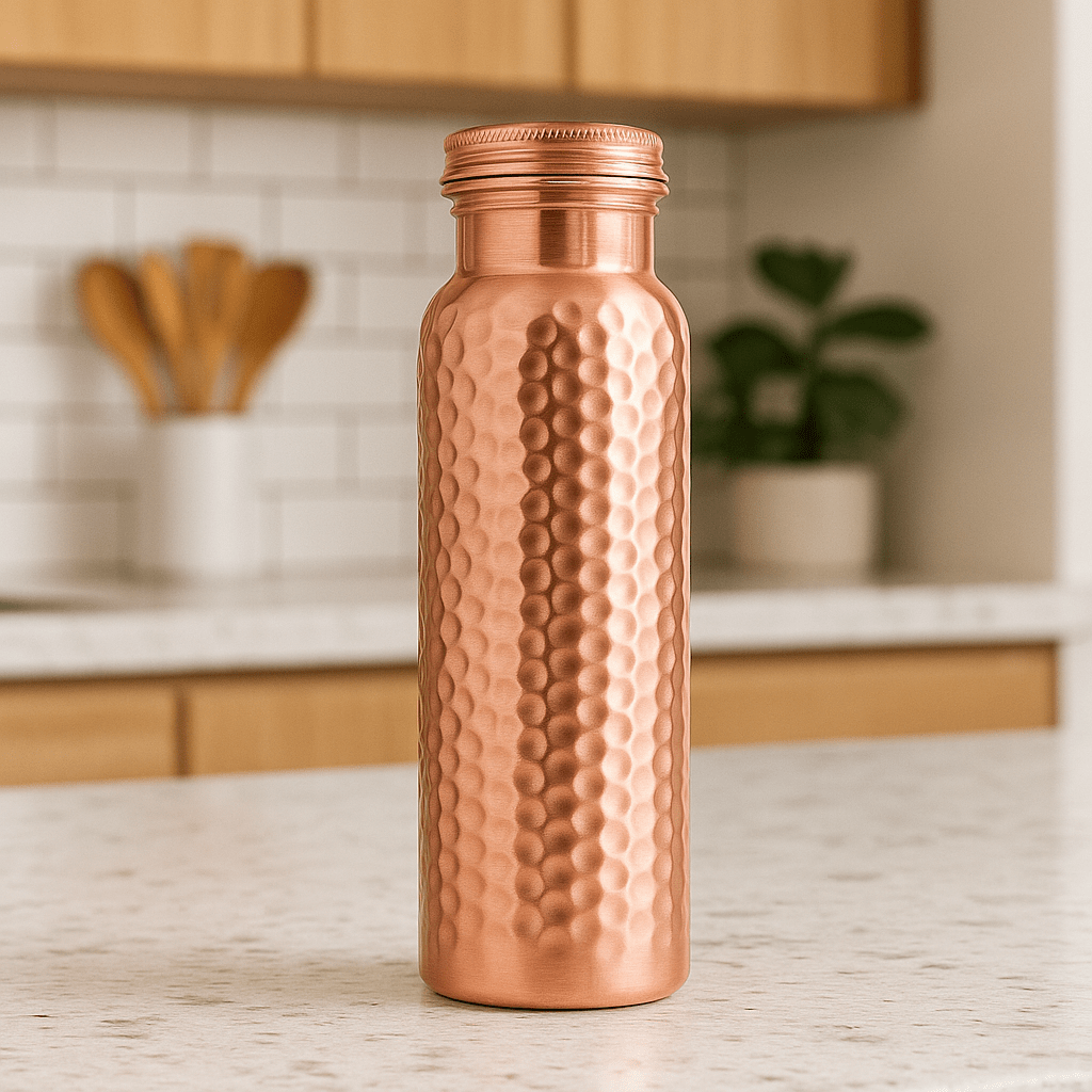 STORE INDYA Copper Water Bottle, 30 Oz, Hammered Ayurvedic Drinking Vessel with Leak-Proof Lid, Smooth Finish, Durable Stylish Design,