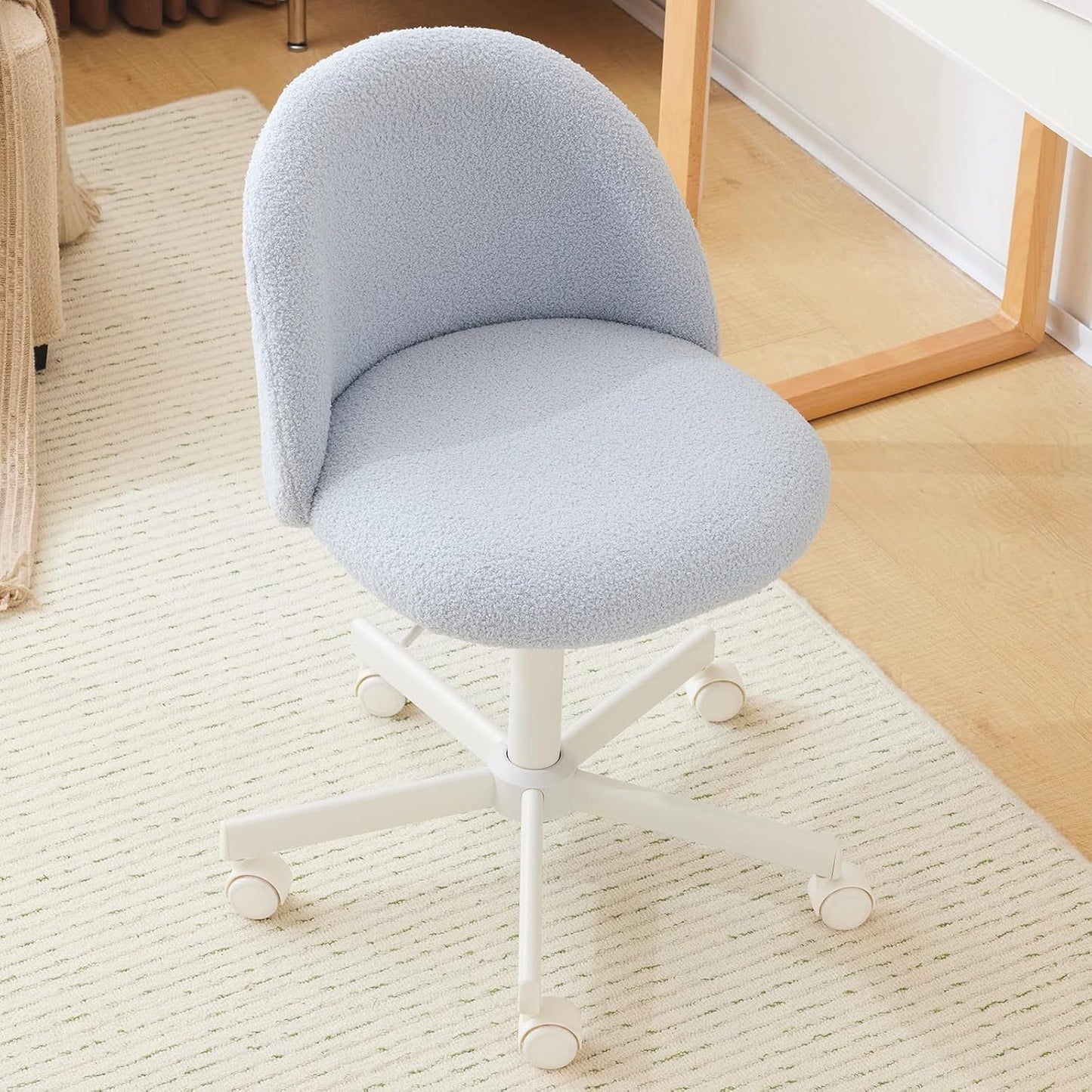 Comfy LEADZM Teddy Adjustable Rolling Swivel Candy Chair - Armless Desk Chair with Lumbar Support and Wheels - Gentle Pink Vanity Chair for Home Office, Bedroom