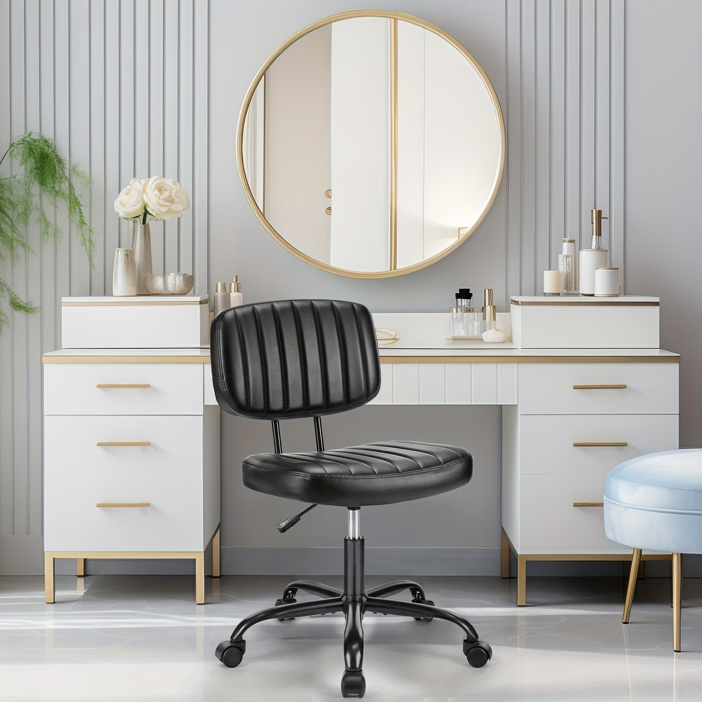 Everyday Comfort Ergonomic Office Chair with Lumbar Support, Adjustable Height, and Wheels – Comfy Armless Swivel Task Chair for Home or Office Study, Black