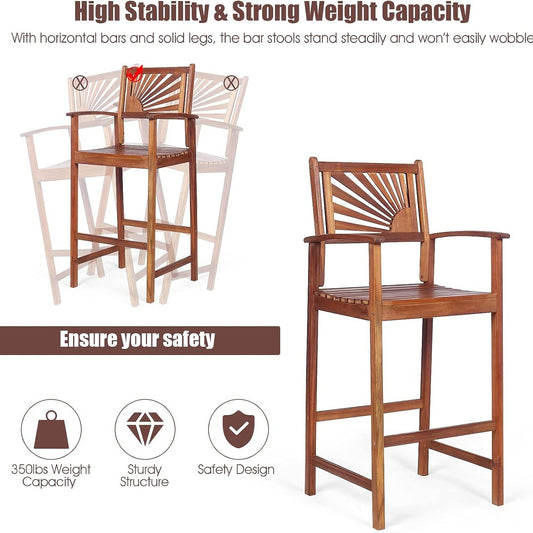 Costway Bar Stools Set of 2\u002FSet of 4, Outdoor Acacia Wood Bar Chairs with Sunflower Backrest, Curved Armrests & Breathable Seat, Ideal for Balcony, Sunroom,